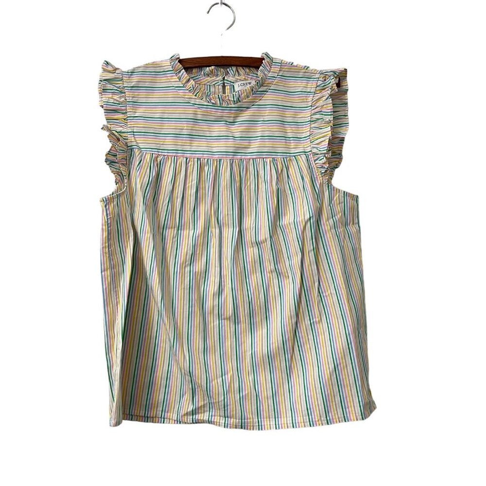 J Crew Rainbow Candy Stripe Ruffle Trim Cotton Blouse Womens Size 12